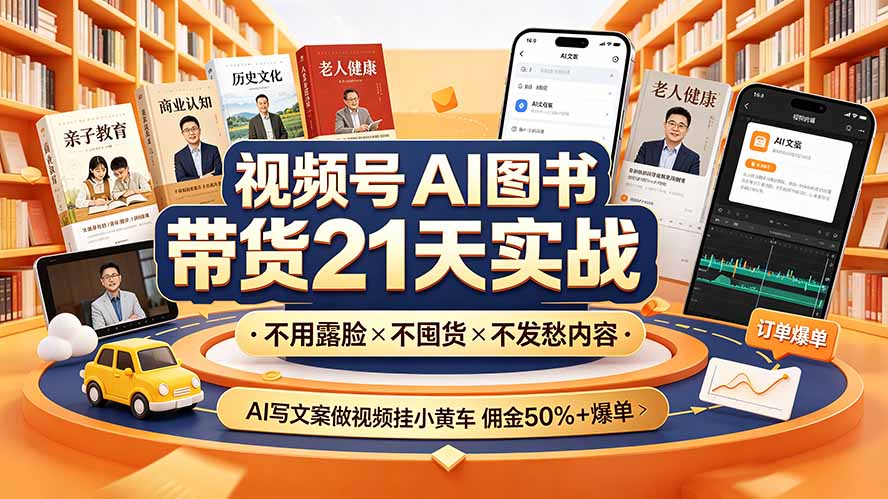 视频号AI图书带货21天实战:不用露脸×不囤货×不发愁内容,AI写文案做视频挂小黄车,佣金50%+爆单-轻创终点站