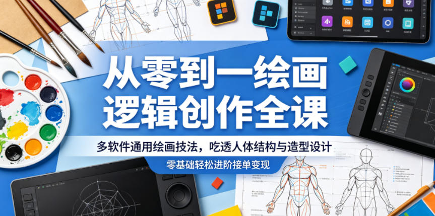 从零到一绘画逻辑创作全课，多软件通用绘画技法，吃透人体结构与造型设计，零基础轻松进阶接单变现-轻创终点站