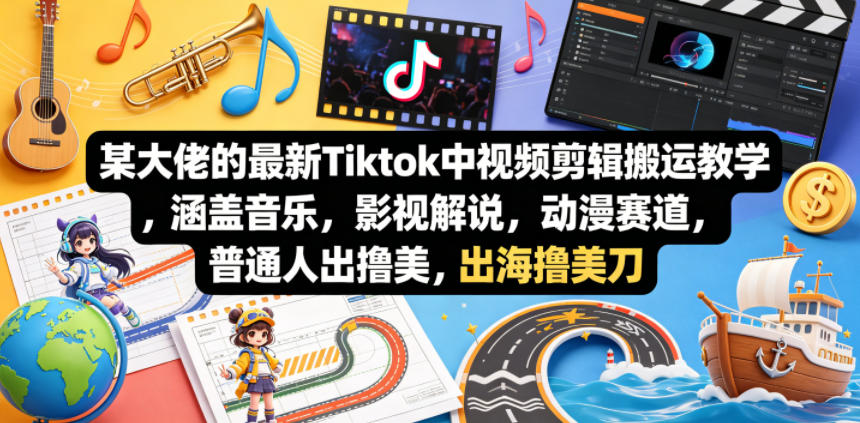某大佬的最新Tiktok中视频剪辑搬运教学，涵盖音乐，影视解说，动漫赛道，普通人出海撸美刀-轻创终点站