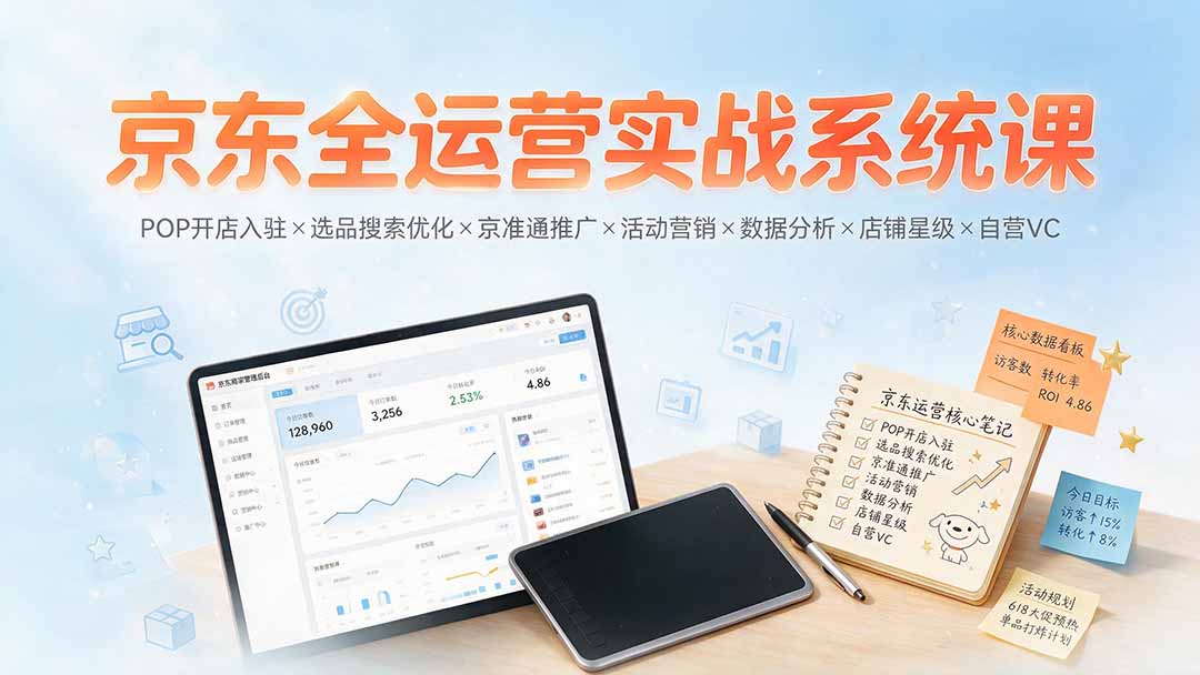 京东全运营实战系统课:POP开店入驻×选品搜索优化×京准通推广×活动营销×数据分析×店铺星级×自营VC-轻创终点站