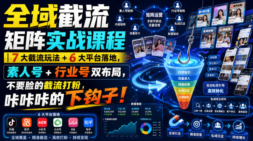全域截流矩阵实战课程｜7大截流玩法+6大平台落地，素人号+行业号双布局，不要脸的截流打粉，咔咔咔的下钩子！-轻创终点站