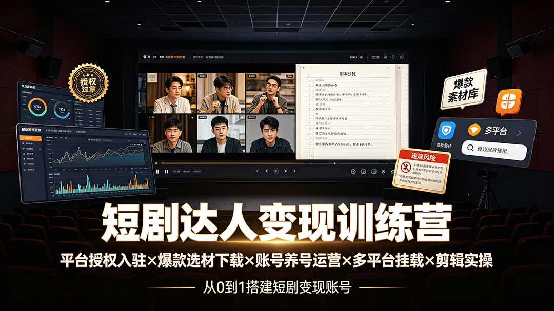短剧达人变现训练营：平台授权入驻×爆款选材下载×账号养号运营×多平台挂载×剪辑实操×违规处理全流程-轻创终点站