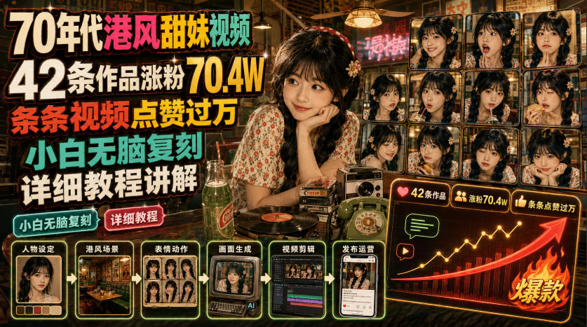 70年代港风甜妹视频，42条作品涨粉70.4W，条条视频点赞过万，小白无脑复刻，详细教程讲解-轻创终点站