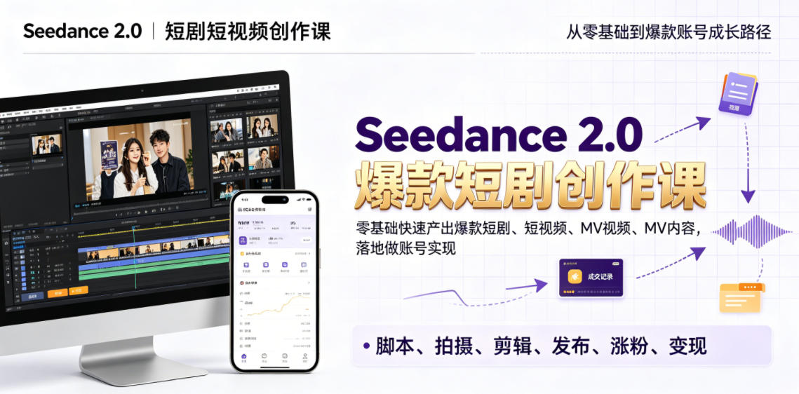 Seedance 2.0短剧短视频创作课,零基础快速产出爆款短剧、短视频、MV内容,落地做账号实现变现-轻创终点站