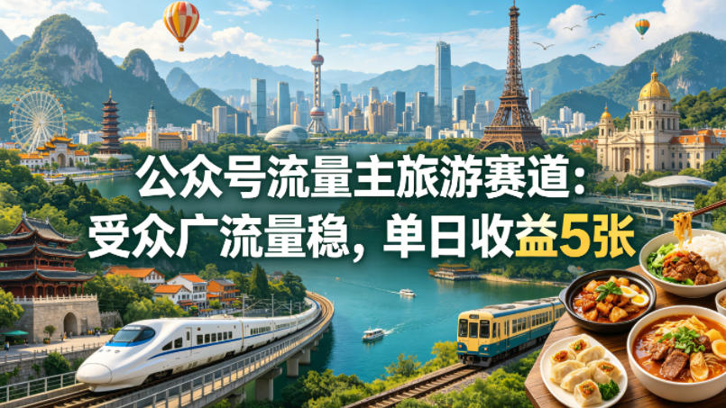 公众号流量主之旅游赛道，受众广+流量稳，平均单日收益5张+-轻创终点站
