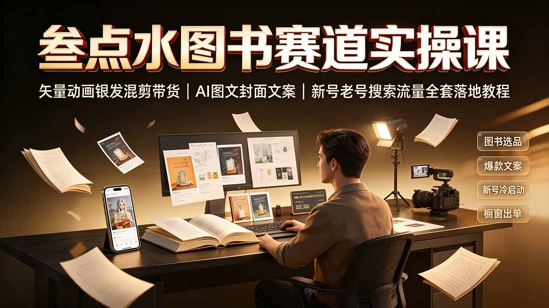 叁点水图书赛道实操课｜矢量动画银发混剪带货，AI图文封面文案，新号老号搜索流量全套落地教程-轻创终点站