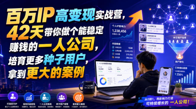 百万IP高变现实战营,42天带你做个能稳定賺钱的一人公司,培育更多种子用户,拿到更大的案例-轻创终点站