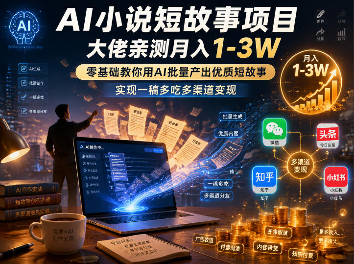 AI小说短故事项目，大佬亲测月入1-3W，零基础教你用AI批量产出优质短故事，实现一稿多吃多渠道变现(更新0710)-轻创终点站