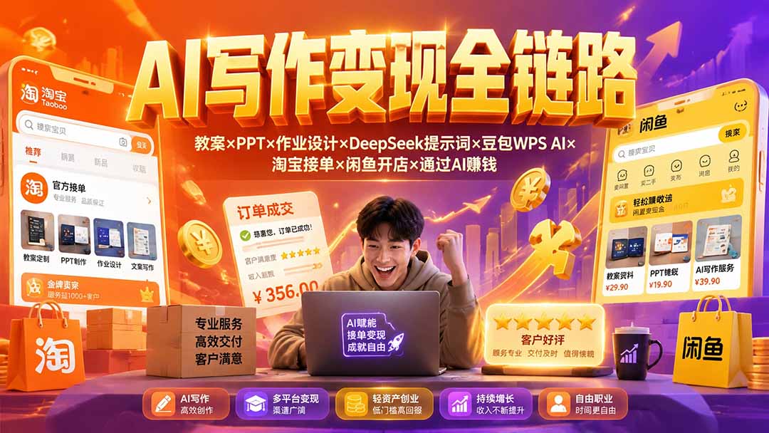 2026AI写作变现全链路:教案×PPT×作业设计×DeepSeek提示词×豆包WPS AI×淘宝接单×闲鱼开店×通过AI賺钱-轻创终点站