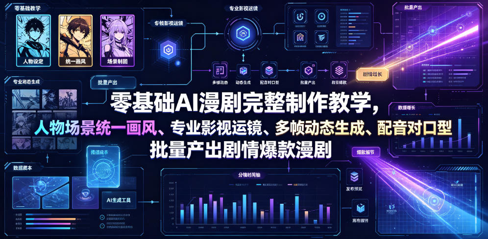 零基础AI漫剧完整制作教学,人物场景统一画风、专业影视运镜、多帧动态生成、配音对口型,批量产出剧情爆款漫剧-轻创终点站