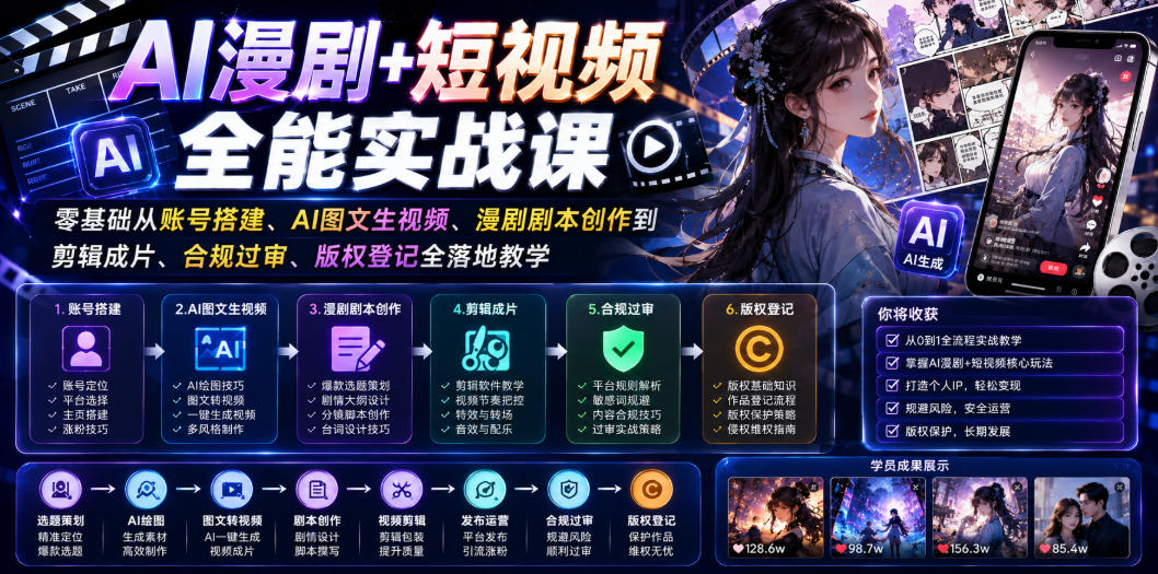AI漫剧+短视频全能实战课｜零基础从账号搭建、AI图文生视频、漫剧剧本创作到剪辑成片、合规过审、版权登记全落地教学-轻创终点站