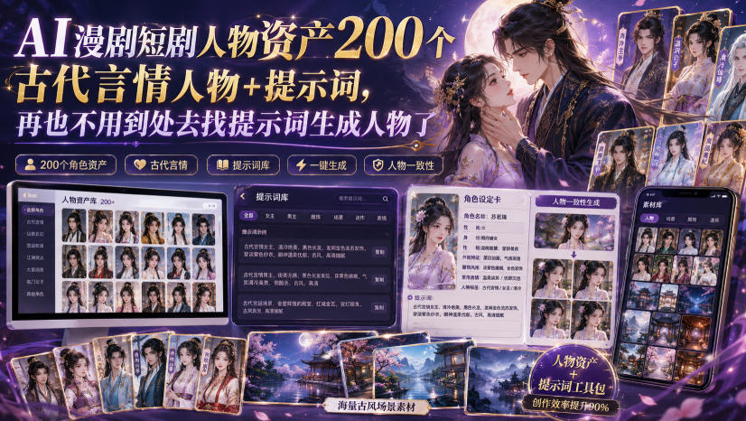 AI漫剧短剧人物资产200个古代言情人物+提示词，再也不用到处去找提示词生成人物了-轻创终点站