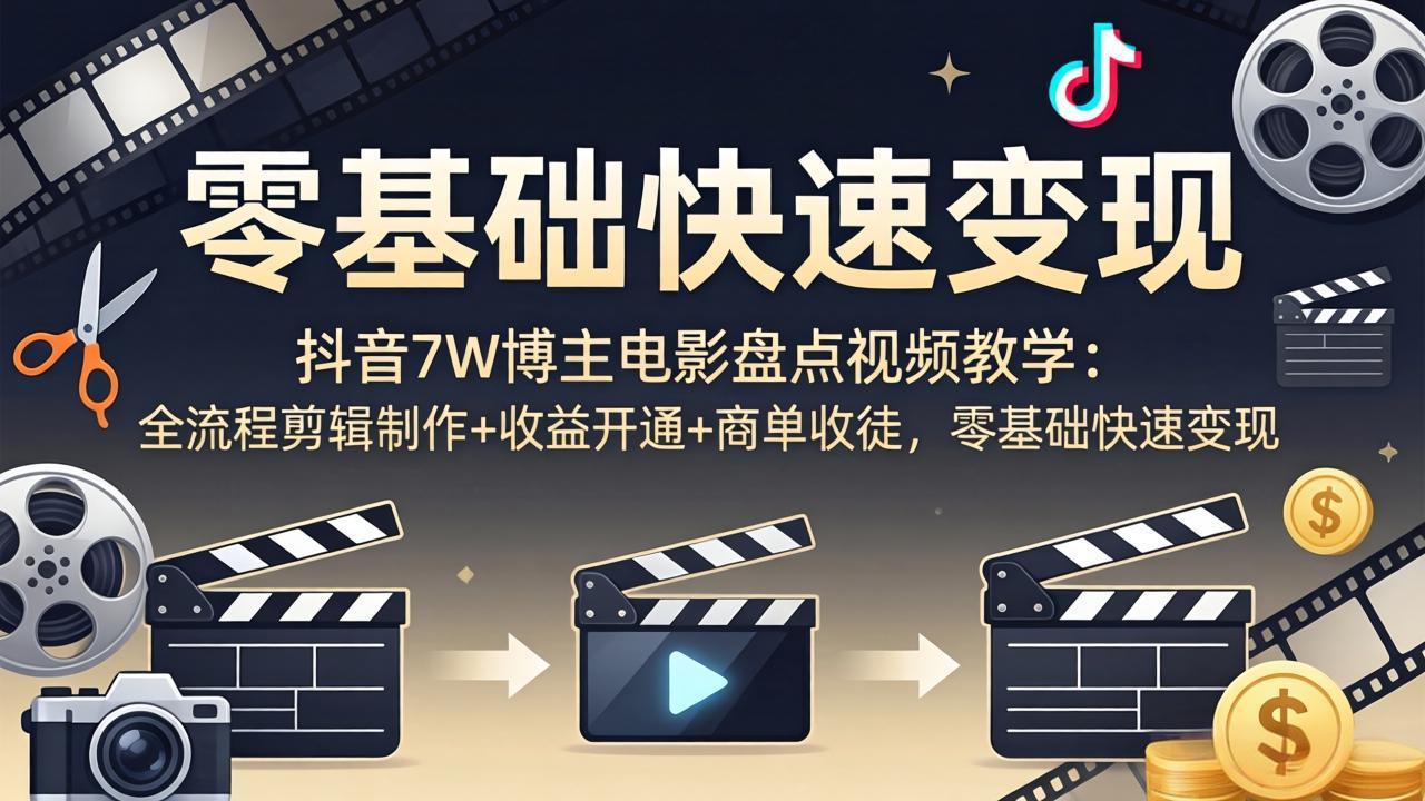 抖音7W博主电影盘点视频教学：全流程剪辑制作+收益开通+商单收徒，零基础快速变现-轻创终点站