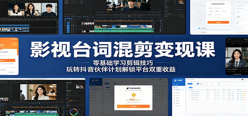 影视台词混剪变现课：零基础学习剪辑技巧，玩转抖音伙伴计划解锁平台双重收益-轻创终点站