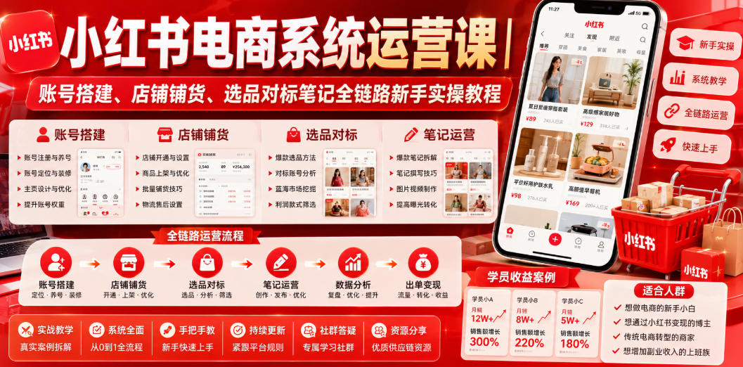 小红书电商系统运营课｜账号搭建、店铺铺货、选品对标笔记全链路新手实操教程-轻创终点站