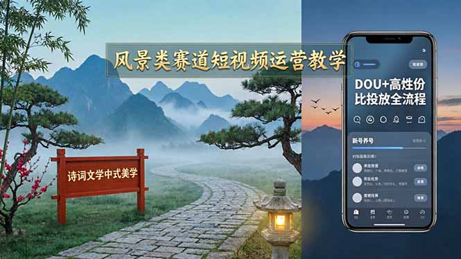 风景类赛道短视频运营教学：诗词文学中式美学，新号养号对标账号定位，DOU+高性价比投放全流程-轻创终点站