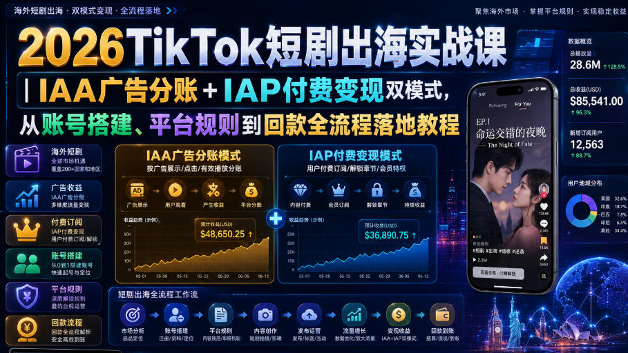 2026TikTok短剧出海实战课|IAA广告分账+IAP付费变现双模式,从账号搭建、平台规则到回款全流程落地教程-轻创终点站