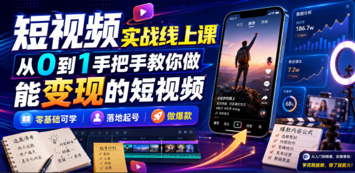 短视频实战线上课，从0到1手把手教你做能变现的短视频，零基础可学，落地起号做爆款-轻创终点站
