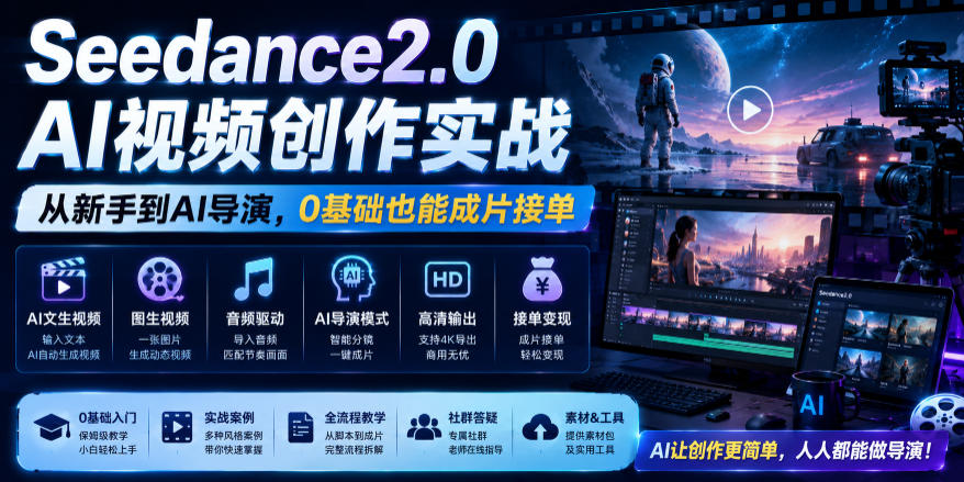Seedance2.0 AI视频创作实战,从新手到AI导演,0基础也能成片接单变现