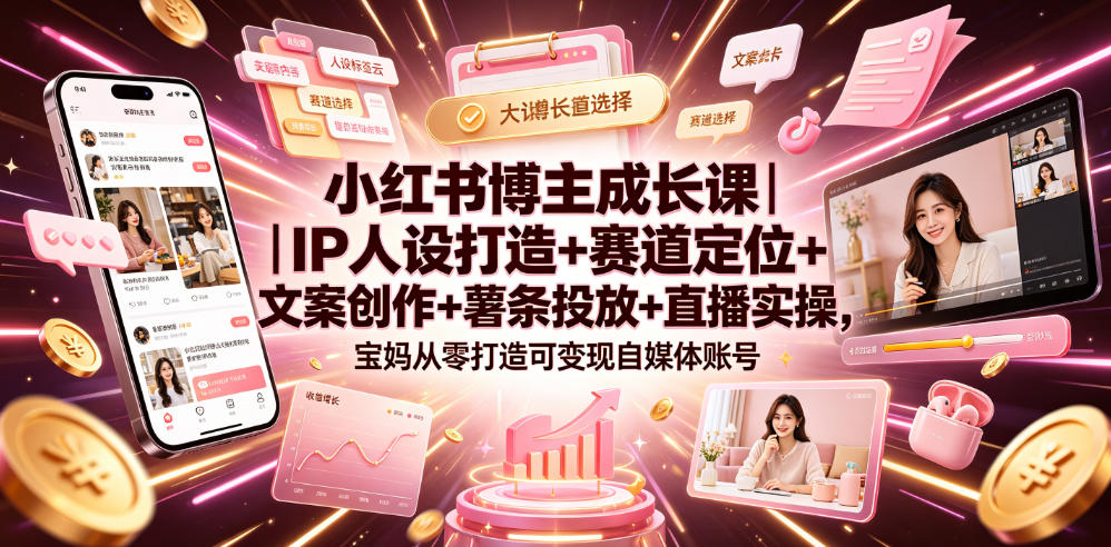 小红书博主成长课｜IP人设打造+赛道定位+文案创作+薯条投放+直播实操，宝妈从零打造可变现自媒体账号-轻创终点站