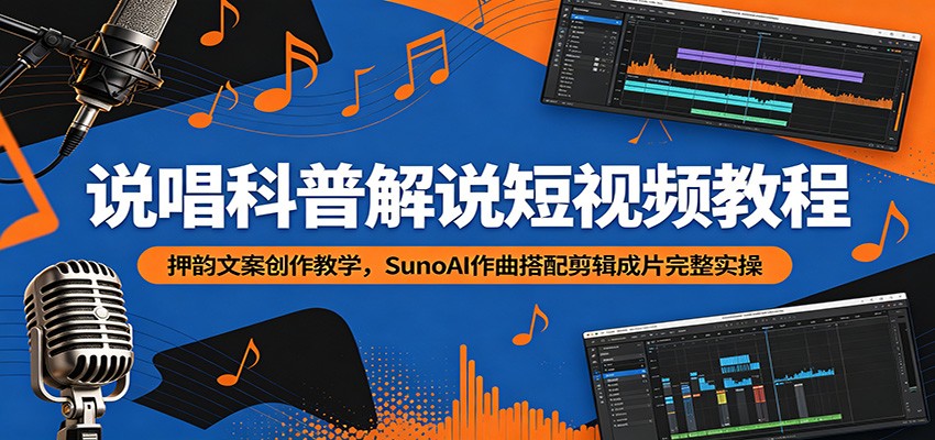 说唱科普解说短视频教程:押韵文案创作教学,SunoAI作曲搭配剪辑成片完整实操-轻创终点站