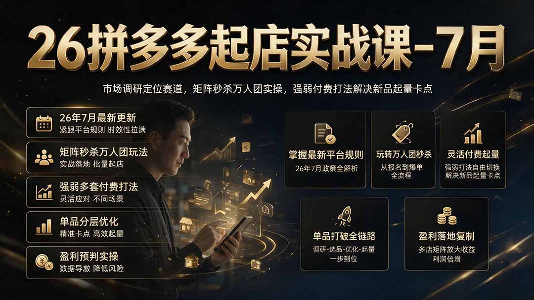 26拼多多起店实战课-7月|市场调研定位赛道,矩阵秒杀万人团实操,强弱付费打法解决新品起量卡点-轻创终点站