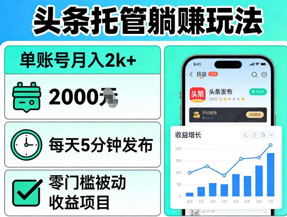 头条托管躺賺玩法，单账号月入2k+，每天5分钟发布即可，零门槛被动收益项目【揭秘】-轻创终点站