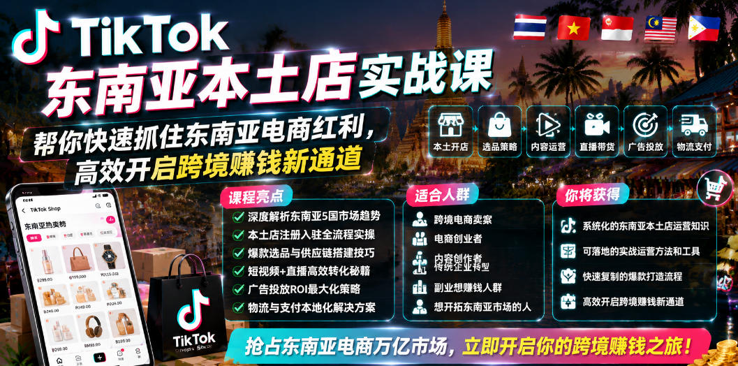 TikTok东南亚本土店实战课,帮你快速抓住东南亚电商红利,高效开启跨境賺钱新通道