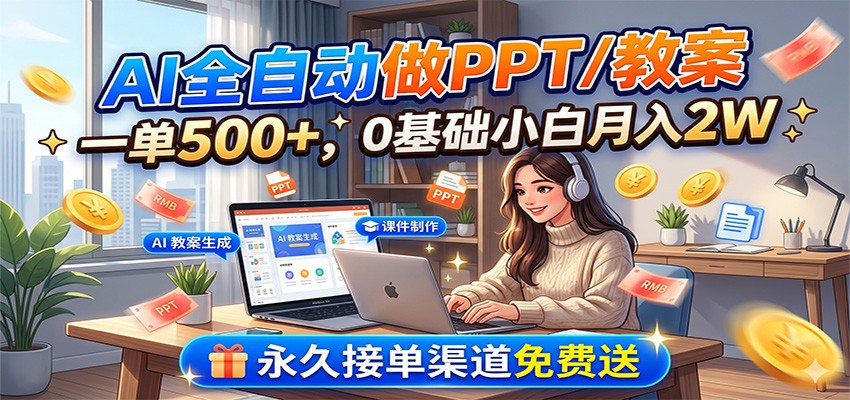 AI全自动做PPT/教案，一单500+，0基础小白月入2W，永久接单渠道免费送-轻创终点站