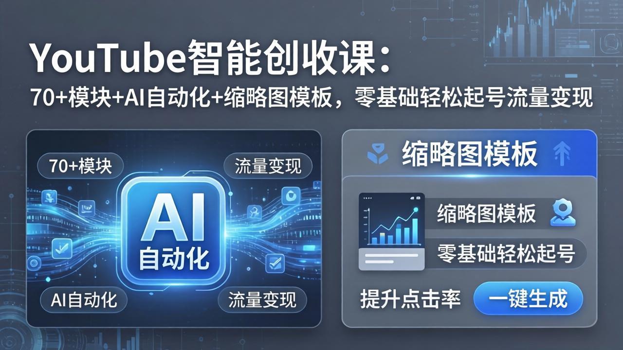 YouTube智能创收课：70+模块+AI自动化+缩略图模板，零基础轻松起号流量变现-轻创终点站