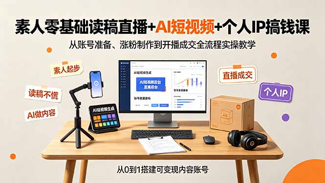 素人零基础读稿直播+AI短视频+个人IP搞钱课,从账号准备、涨粉制作到开播成交全流程实操教学-轻创终点站