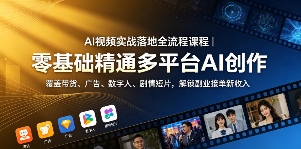 AI视频实战落地全流程课程｜零基础精通多平台AI创作，覆盖带货、广告、数字人、剧情短片，解锁副业接单新收入-轻创终点站