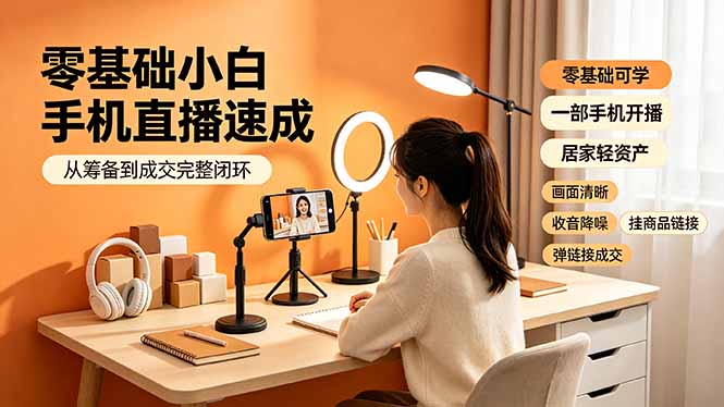 零基础小白手机直播速成,从筹备到成交完整闭环,适配苹果安卓系统,解决杂音卡顿留人难问题-轻创终点站