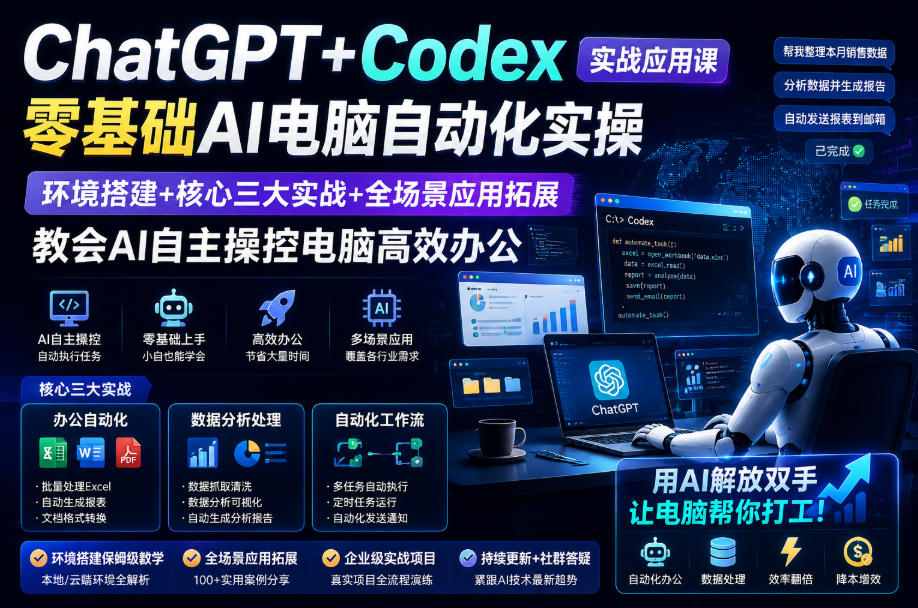 ChatGPT+Codex实战应用课｜零基础AI电脑自动化实操，环境搭建+核心三大实战+全场景应用拓展，教会AI自主操控电脑高效办公-轻创终点站
