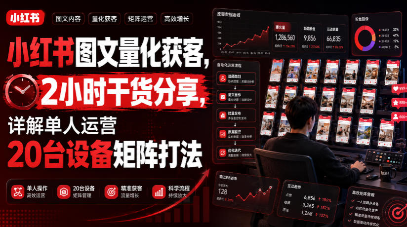 小红书图文量化获客,2小时干货分享,详解单人运营20台设备矩阵打法-轻创终点站