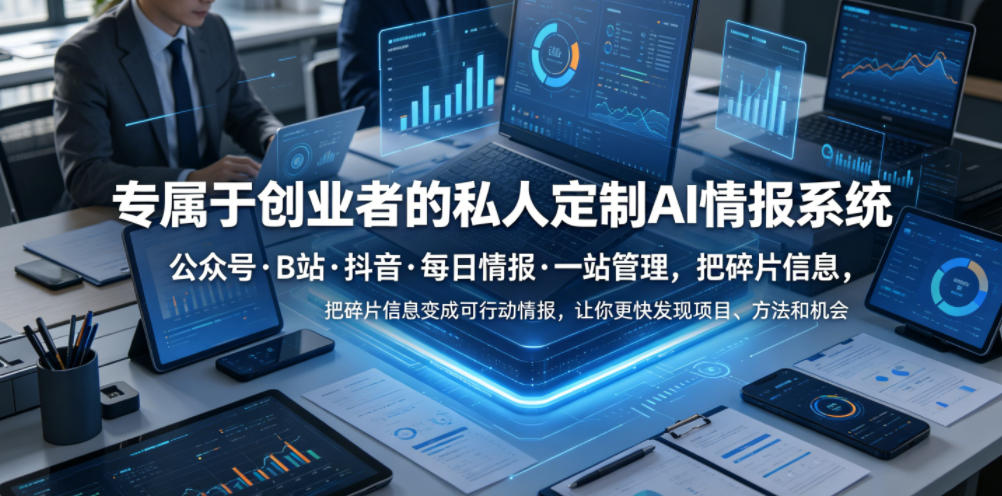 专属于创业者的私人定制AI情报系统,公众号·B站·抖音·每日情报·一站管理,把碎片信息变成可行动情报,让你更快发现项目、方法和机会-轻创终点站