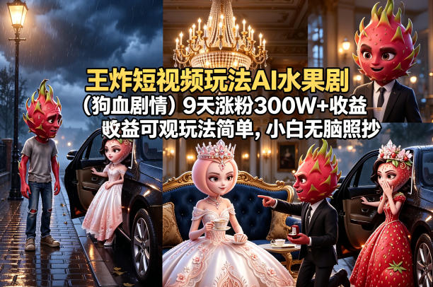 王炸短视频玩法AI水果剧(狗血剧情)9天涨粉300W+收益可观玩法简单，小白无脑照抄，详细拆解玩法-轻创终点站