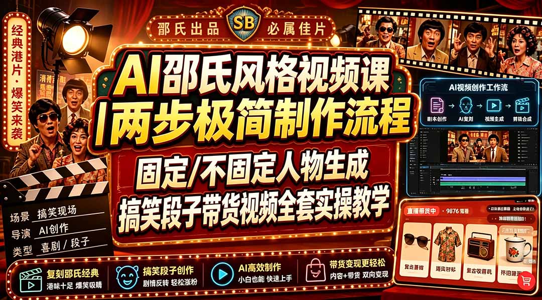 AI邵氏风格视频课｜两步极简制作流程，固定/不固定人物生成，搞笑段子带货视频全套实操教学-轻创终点站