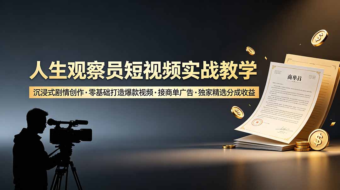人生观察员短视频实战教学，沉浸式剧情创作，零基础打造爆款视频，接商单广告，独家精选分成收益-轻创终点站