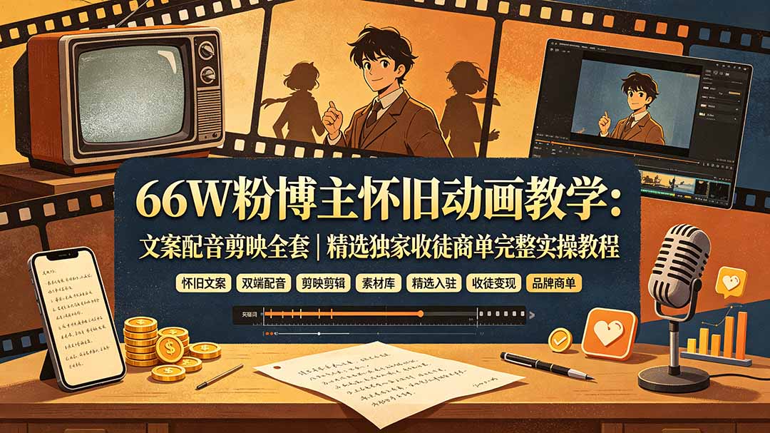66W粉博主怀旧动画教学：文案配音剪映全套｜精选独家收徒商单完整实操教程-轻创终点站