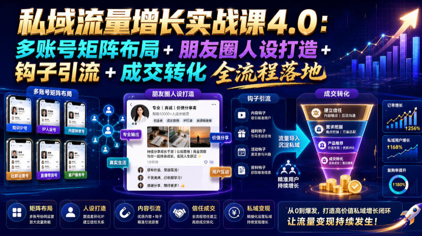 私域流量增长实战课4.0：多账号矩阵布局+朋友圈人设打造+钩子引流+成交转化全流程落地-轻创终点站