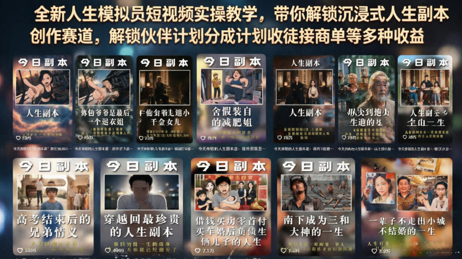 全新人生模拟员短视频实操教学，带你解锁沉浸式人生副本创作赛道，解锁伙伴计划分成计划收徒接商单等多种收益-轻创终点站