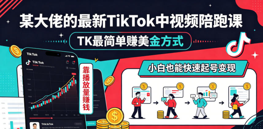 某大佬的最新TikTok中视频陪跑课,TK最简单賺美金方式,靠播放量賺钱,小白也能快速起号变现-轻创终点站