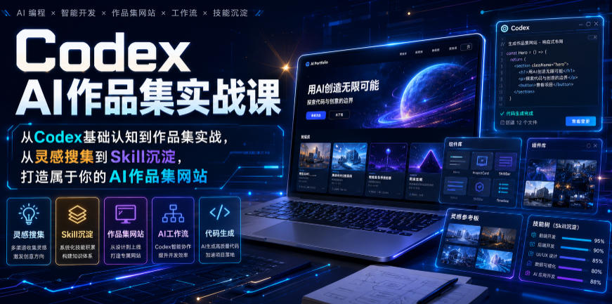 Codex AI作品集实战课，从Codex基础认知到作品集实战，从灵感搜集到Skill沉淀，打造属于你的AI作品集网站-轻创终点站