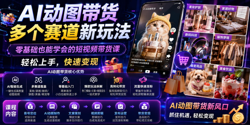 AI动图带货多个赛道新玩法,零基础也能学会的短视频带货课,轻松上手,快速变现-轻创终点站