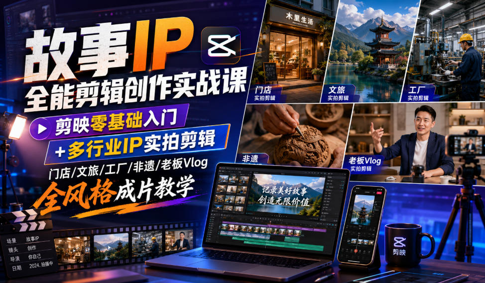 故事IP全能剪辑创作实战课｜剪映零基础入门+多行业IP实拍剪辑，门店/文旅/工厂/非遗/老板Vlog全风格成片教学-轻创终点站