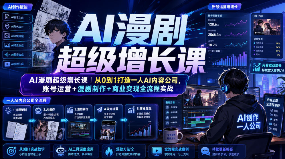 AI漫剧超级增长课|从0到1打造一人AI内容公司,账号运营+漫剧制作+商业变现全流程实战-轻创终点站