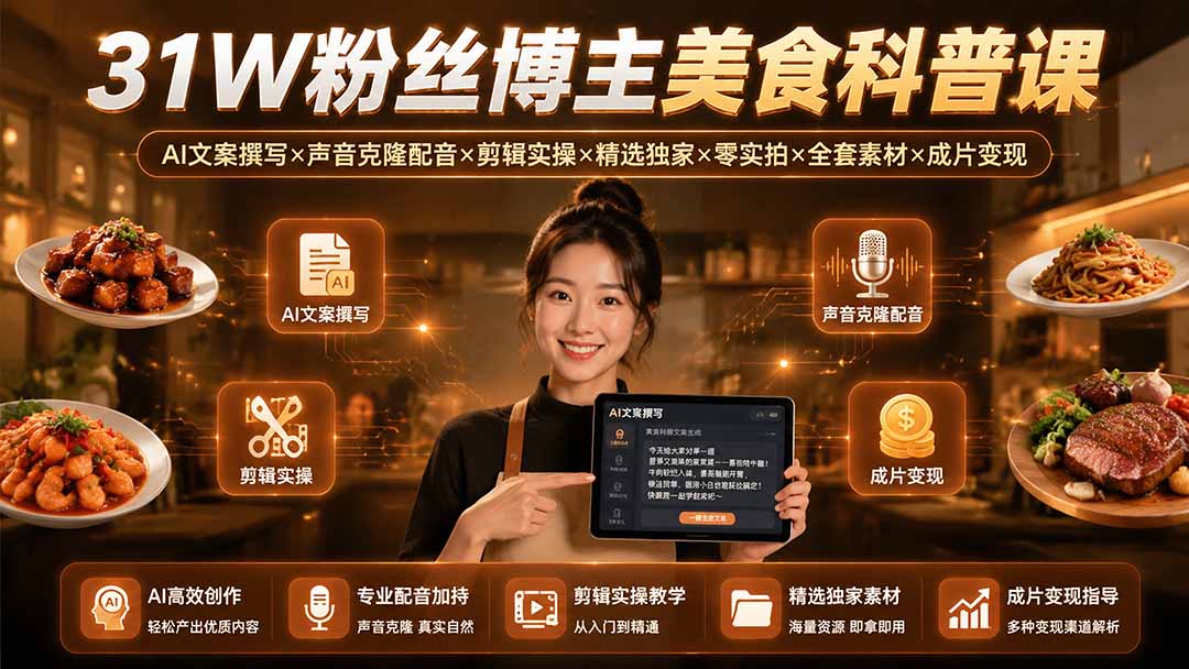 31W粉丝博主美食科普课:AI文案撰写×声音克隆配音×剪辑实操×精选独家×零实拍×全套素材×成片变现-轻创终点站