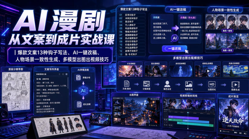 AI漫剧从文案到成片实战课｜爆款文案13种钩子写法、AI一键改稿、人物场景一致性生成、多模型出图出视频技巧-轻创终点站