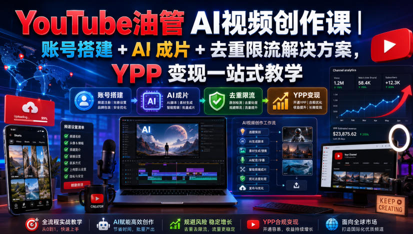 YouTube油管AI视频创作课｜账号搭建+AI成片+去重限流解决方案，YPP变现一站式教学-轻创终点站